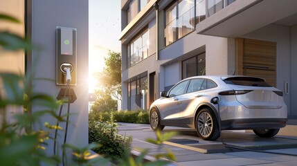A silver electric vehicle is parked in front of a contemporary residential building, charging from a wallbox