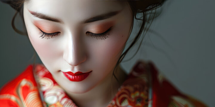 Geisha Grace, Serene Beauty. Close-up of a young asian woman geisha's face with detailed makeup, showcasing cultural elegance, copy space.
