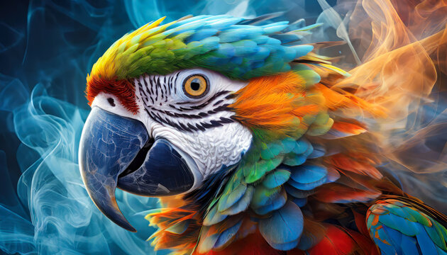 Visage d'un ara avec des &eacute;claboussures de peinture color&eacute;e, perroquet
