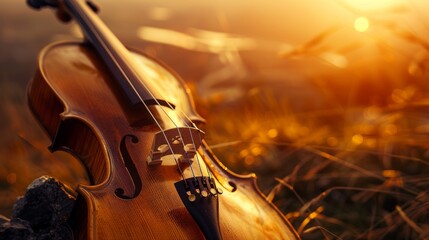A beautifully crafted violin rests against a natural backdrop, basking in the warm, golden light of a setting sun.