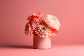 bouquet of flowers in a vase isolated on a pink background. March 8 postcard. International Women's Day. generative AI