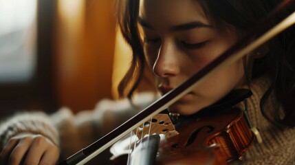 A close-up of a young girl deeply focused on playing her violin, capturing the connection between musician and instrument in a warm, intimate setting. - obrazy, fototapety, plakaty