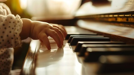 A small child experiences the joy of music, gently pressing on the piano keys bathed in the soft, warm glow of sunlight.