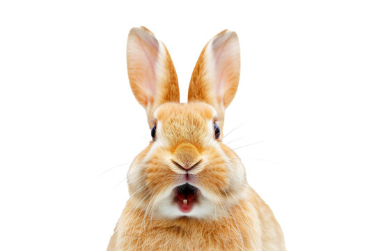 Studio portrait of cute rabbit isolated on transparent png background, happy bunny running on floor, adorable fluffy rabbit that sniffing.