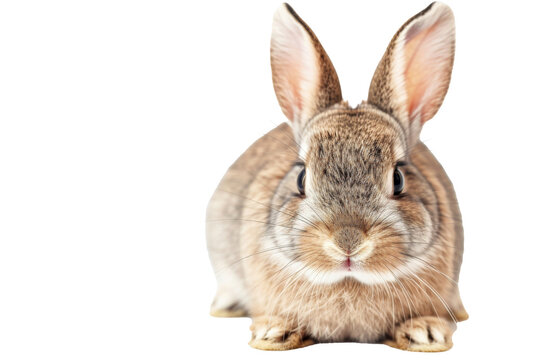 Studio portrait of cute rabbit isolated on transparent png background, happy bunny running on floor, adorable fluffy rabbit that sniffing.