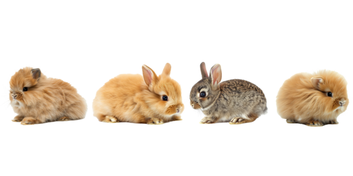 Studio portrait of cute rabbit isolated on transparent png background, happy bunny running on floor, adorable fluffy rabbit that sniffing.