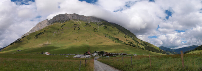 Panorama of "Col des Aravis" in august 2008 on a cloudy day, a mountain pass in the French Alps between La Clusaz and La Giettaz, Savoy, France