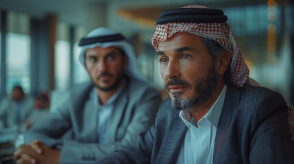 Arab investors and businessmen at a business meeting in an office. - obrazy, fototapety, plakaty