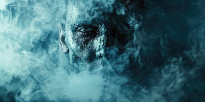 Phantom Visage, Smoke and Mystery. Eerie close-up of ghostly face formed from swirling smoke, horror and supernatural, copy space.