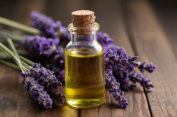 Obraz na płótnie Canvas Bunch of lavender sprigs and lavender oil on wooden background