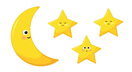 Set of cute kids stars and moon characters. Yellow gold stars and moon on white background, isolated. Vector illustration EPS10