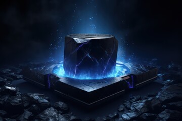 mysterious black solid stone podium surrounded by bright strong blue electrical discharges