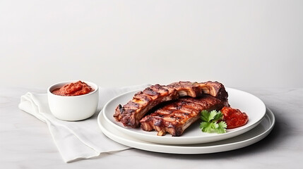 Grilled pork ribs in Barbecue sauce on white plate top view, Image for Cafe and Restaurant Menus