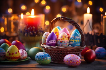 A delightful Easter scene: vibrant painted eggs nestled in a basket alongside flickering candles, celebrating Holy Easter. Capturing the spirit with vibrant colors and whimsical charm