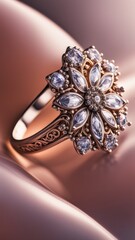 Jewelry ring with precious stones on a satin background.