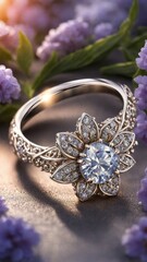 Jewelry ring with diamonds on a background of lilac flowers