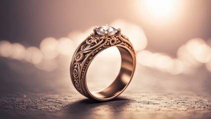 Wedding ring on a wooden table with bokeh background