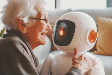 Innovative technology of robots to care for the elderly at home. - obrazy, fototapety, plakaty