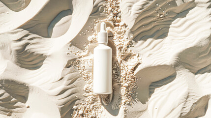 Fototapeta na wymiar A blank sunscreen bottle on sandy beach with plant shadows and golden sunlight.