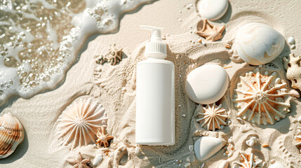 Fototapeta na wymiar A blank sunscreen bottle on sandy beach with plant shadows and golden sunlight.