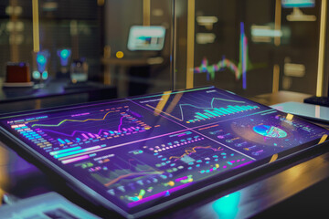 Macro tablet screen showing stock charts on work desk.
