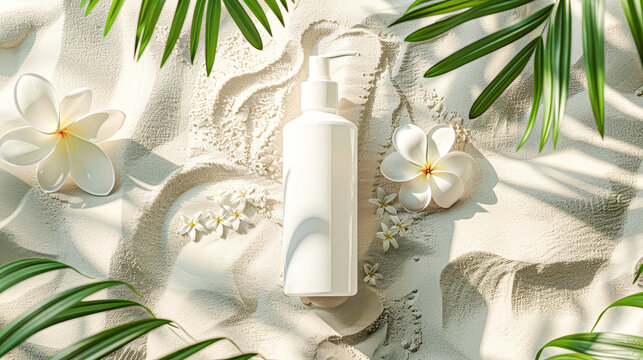 A blank sunscreen bottle on sandy beach with plant shadows and golden sunlight.