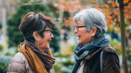Fototapeta premium Comedy, laughing and senior woman friends walk outdoor nature park together for bonding during retirement. Smiling and funny old ladies. Happy group of elderly people in garden.