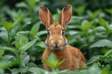 A domestic rabbit stands among the green grass and plants, blending in with its surroundings like a wild hare in a bush