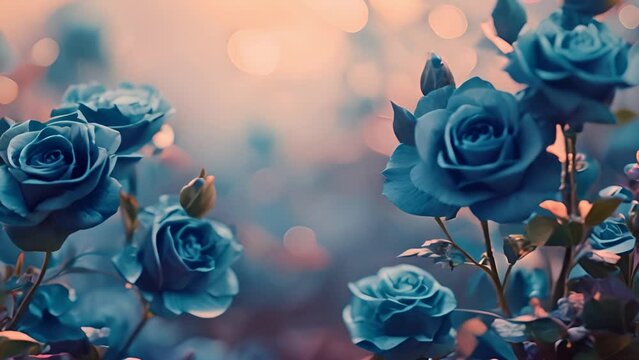 Blue roses against colorful pink,orange,red spring sky background with sunlight. Flower rose edge frame nature 4k video. Beautiful flower plants blooming in the summer or spring