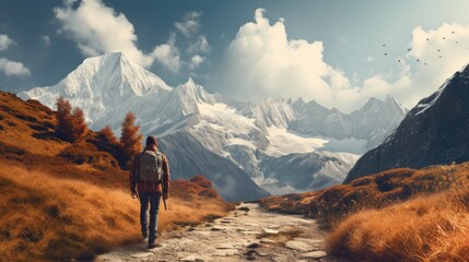 Hiker walking to mountains. Travel and camping adventure lifestyle with outdoor activity. Vacation concept 