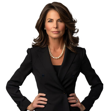 Elegant brunette middle-aged woman wearing a black suit and a pearl necklace, posing with her hands on her hips and a confident expression on a transparent background.