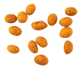 Spicy crunchy coated peanuts, crispy corn chili coated peanuts, spicy coated snacks, graphic...