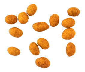 Spicy crunchy coated peanuts, crispy corn chili coated peanuts, spicy coated snacks, graphic element isolated on a transparent background