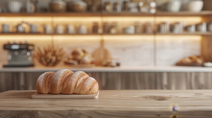 Obraz na płótnie Canvas upscale bakery - long table with modern kitchen background