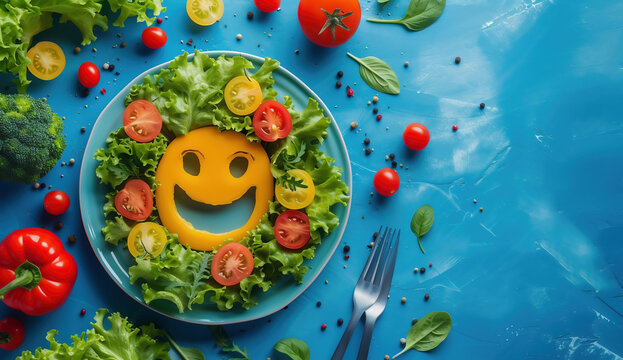 Healthy food concept. Smiling face made of fresh vegetables on blue plate