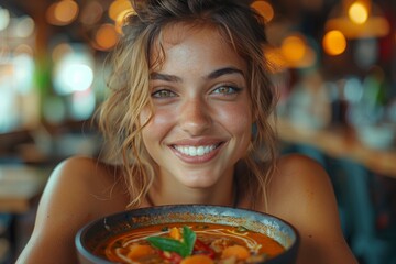 A joyous woman, dressed in warm clothing, smiles as she holds a steaming bowl of soup, surrounded by the beauty of nature and captured in a stunning outdoor portrait