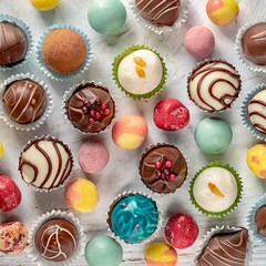 Schokoladepralinen, Konfekt, handgemacht, bunt.
Nahaufnahme, Vogelperspektive, isoliert, weißer Hintergrund.