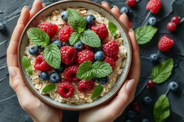 Indulge in a delicious and healthy treat with a bowl of oatmeal topped with an assortment of juicy, antioxidant-rich berries including sweet strawberries, tart blueberries, and vibrant raspberries, p