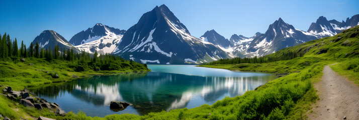 Panoramic View of Pristine Landscape: Serene Lake, Verdant Plains and Majestic Mountain Peaks