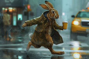 Anthropomorphic Rabbit in Raincoat Rushing Through Urban Rain with Coffee