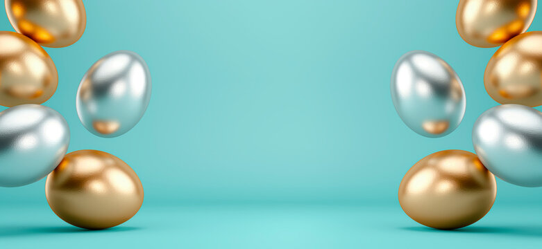 Easter eggs of gold and silver color flying and levitating on both sides of a light blue background, centre area left blank for copy space or logo. Cropped for a background or banner image format.