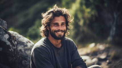 Portrait of a handsome attractive bearded young man with long hair, wearing casual clothes, looking at the camera in Nature.