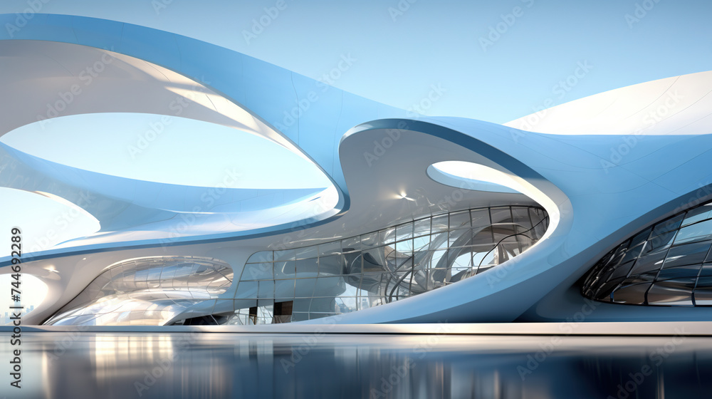 Poster Abstract architecture scene with smooth curves. Abstract background with futuristic building in white and blue colors.