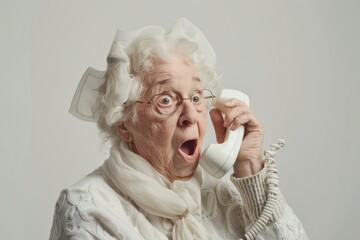 surprised aged woman with telephone