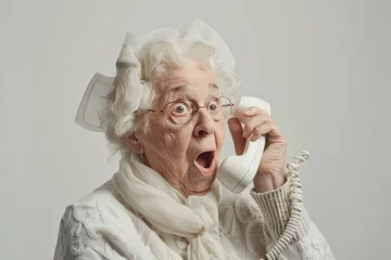 Fotobehang surprised aged woman with telephone © Наталья Добровольска