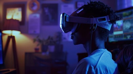 A student at home, wearing a headset and immersed in a virtual classroom