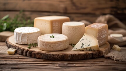 Camembert brie cheese with herbs on a rustic wooden background.