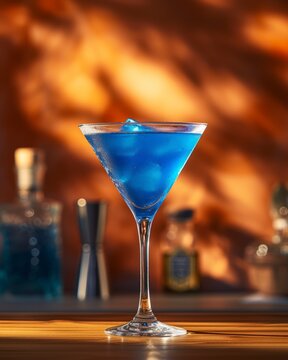 Illustration of a perfect image of a blue cocktail on the table, carefully selected for a restaurant menu