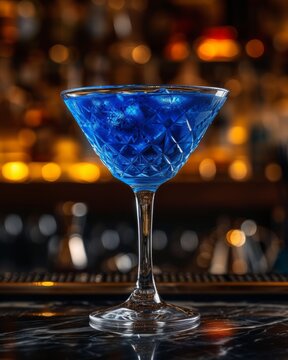 Illustration of a perfect image of a blue cocktail on the table, carefully selected for a restaurant menu