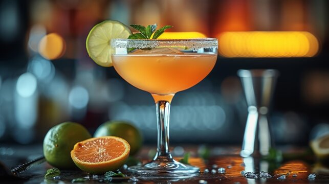Image of a delicious cocktail presented on a restaurant tabletop, copy space for text